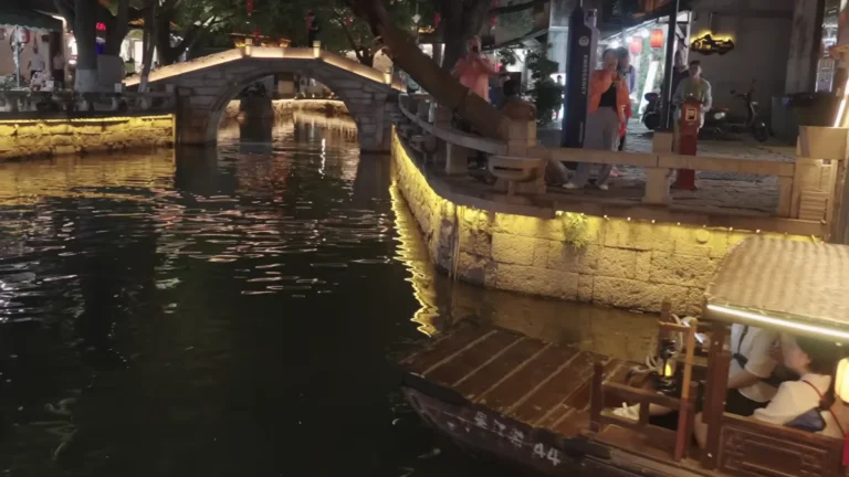 Ornate illuminated boat on a canal at night in China