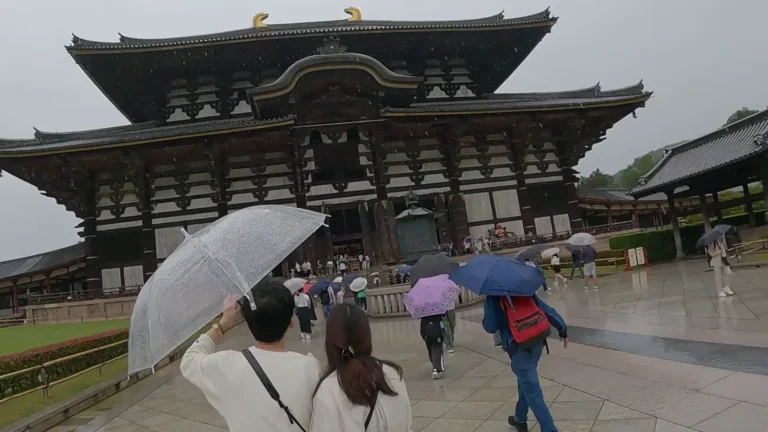 Visitors with umbrellas in front of a large wooden temple hall in Japan