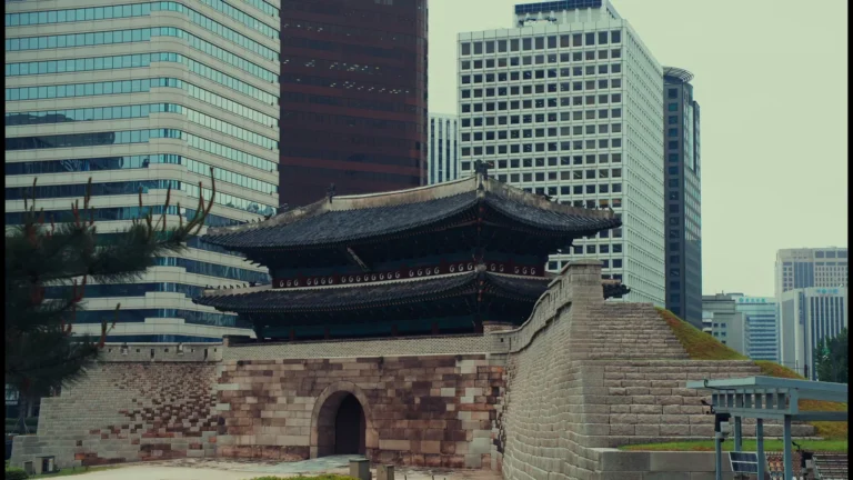 Traditional city gate among modern office towers in Seoul, South Korea