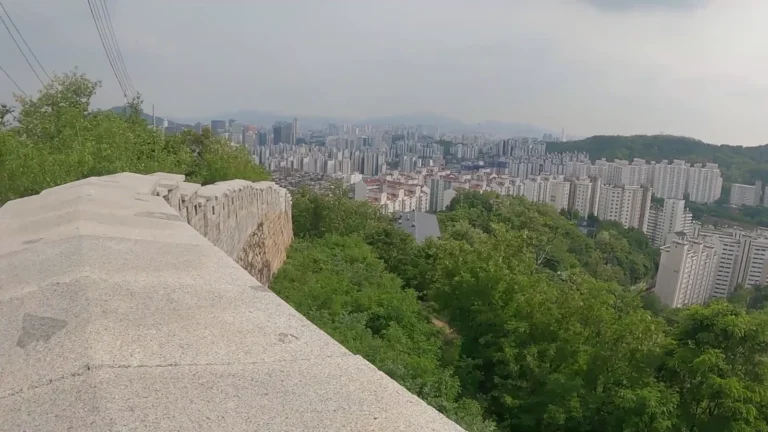 Old stone fortress wall above the city in Seoul, South Korea