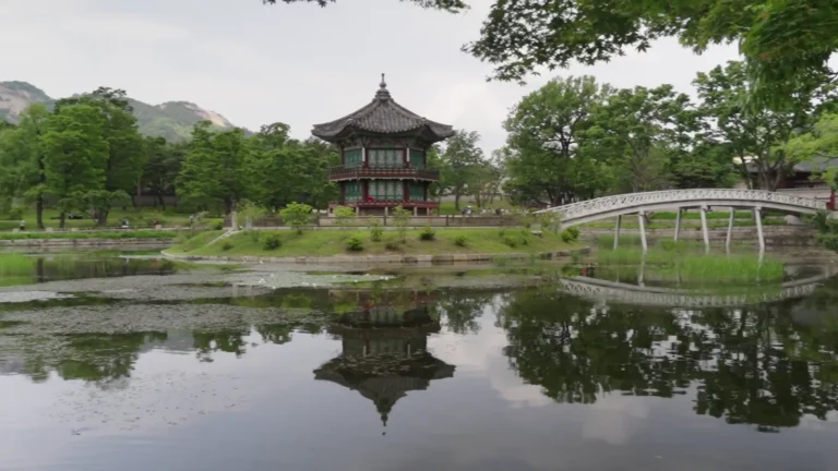 Pavilion reflected in a lotus pond in Seoul, South Korea
