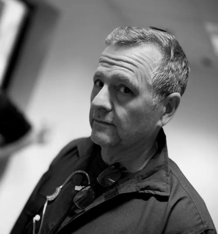 Andy Blithe black and white portrait, side angle