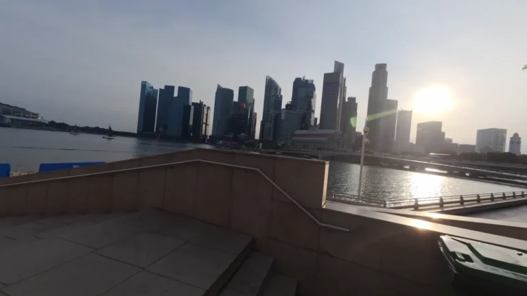 City skyline across the bay at sunset in Singapore