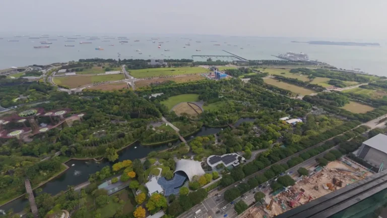 Aerial view over parkland and the sea in Singapore