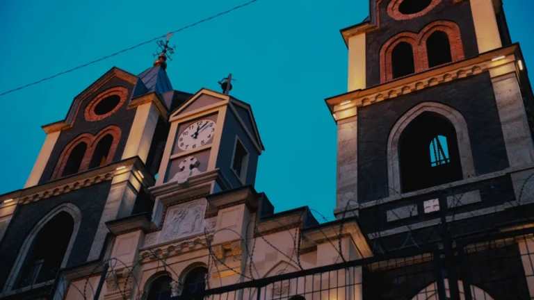 Ornate church facade against a blue sky in Istanbul, Turkey