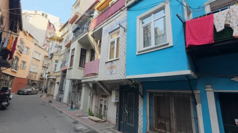 Colourful houses on a narrow street in Istanbul, Turkey