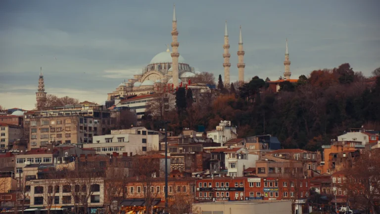 Mosque domes and minarets above the city in Istanbul, Turkey